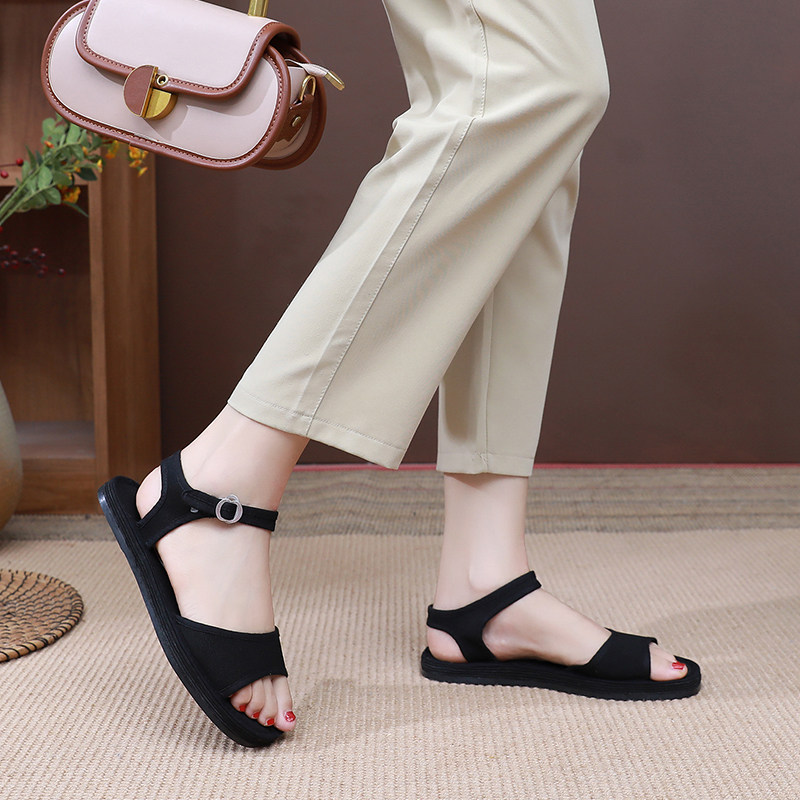 千层底布鞋女纯手工夏季老北京平底养脚布底复古黑色孕妇月子凉鞋,女鞋,一字带凉鞋,淘宝优惠券,粉丝福利购,淘宝优惠卷