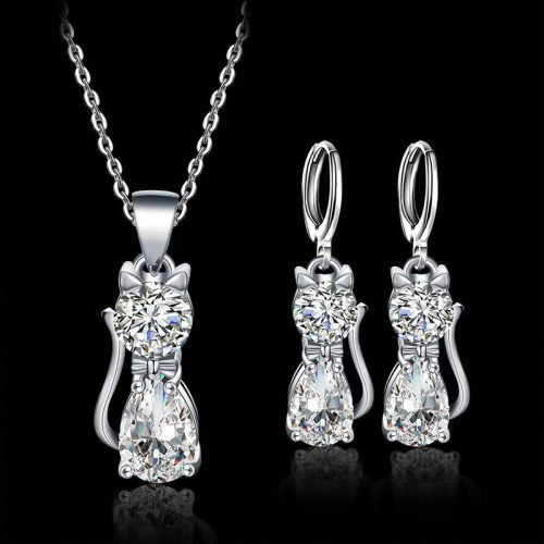 Silver Color Jewelry Sets for Woman Girls Shining Cute Cat