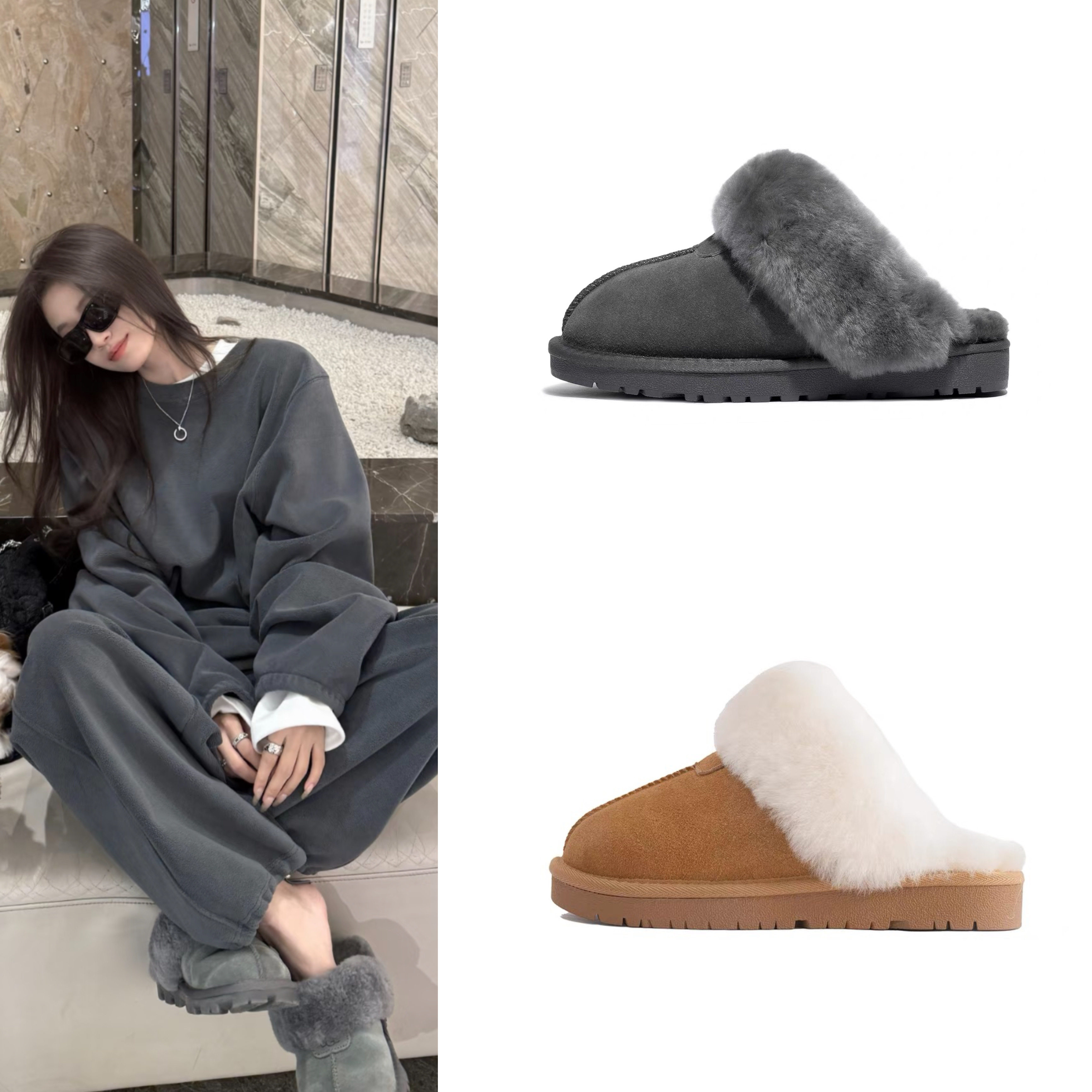赵露思同款灰色雪地靴皮毛一体外穿包头拖鞋加绒加厚棉鞋毛毛鞋女,女鞋,时尚雪地靴,淘宝优惠券,粉丝福利购,淘宝优惠卷