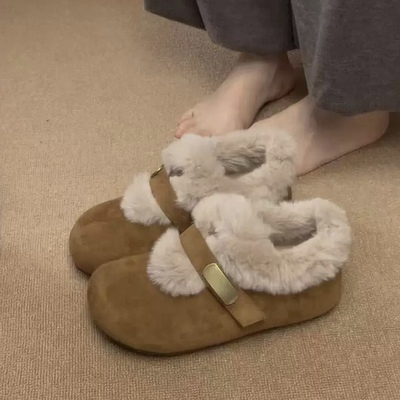 网红同款毛毛鞋厚底包跟外穿加绒加厚保暖棉鞋勃肯羊毛绒雪地靴女