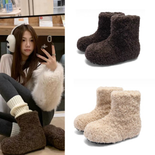 加厚加绒马丁靴子 毛绒棉鞋 赵露思同款 羊羔毛雪地靴外穿中筒毛毛鞋