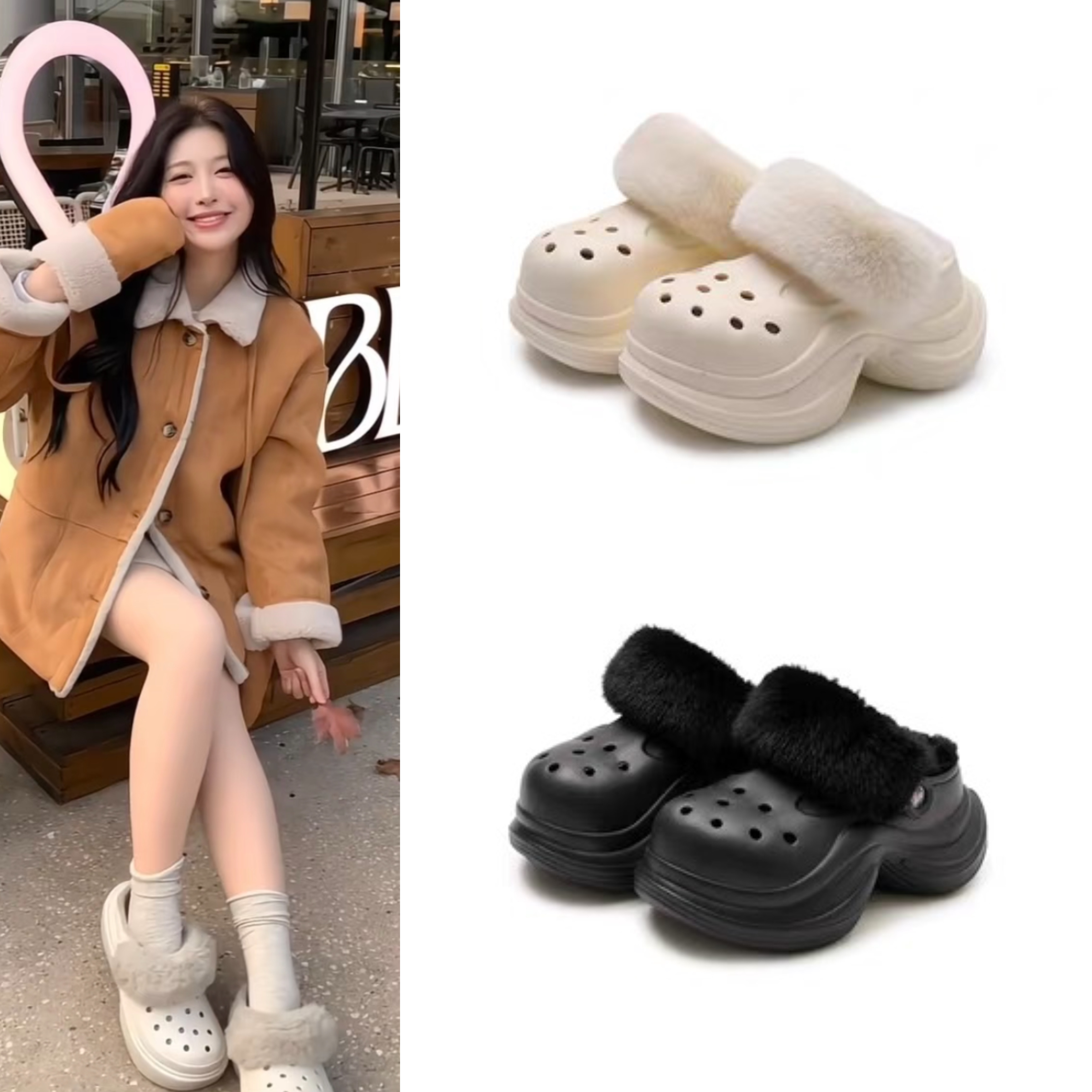 网红同款加绒洞洞鞋厚底包头半拖鞋女外穿增高休闲毛毛拖鞋棉拖