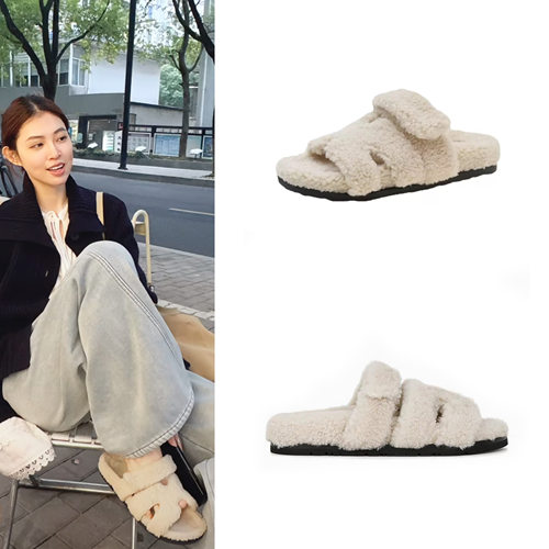 赵露思同款H毛毛拖鞋外穿厚底勃肯毛毛鞋外穿高级羊羔毛一字棉拖