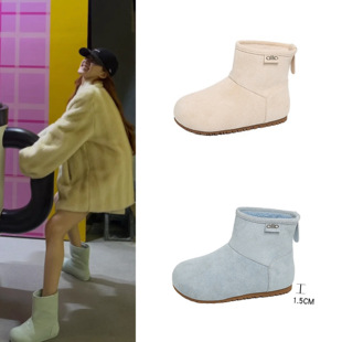 赵露思同款 外穿厚底百搭加绒加厚一脚蹬中筒靴子 蓝色雪地靴毛毛鞋