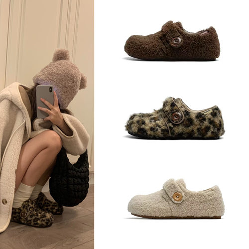 露思同款豹纹羊羔毛毛鞋女外穿厚底百搭一脚蹬豆豆鞋加绒勃肯棉鞋