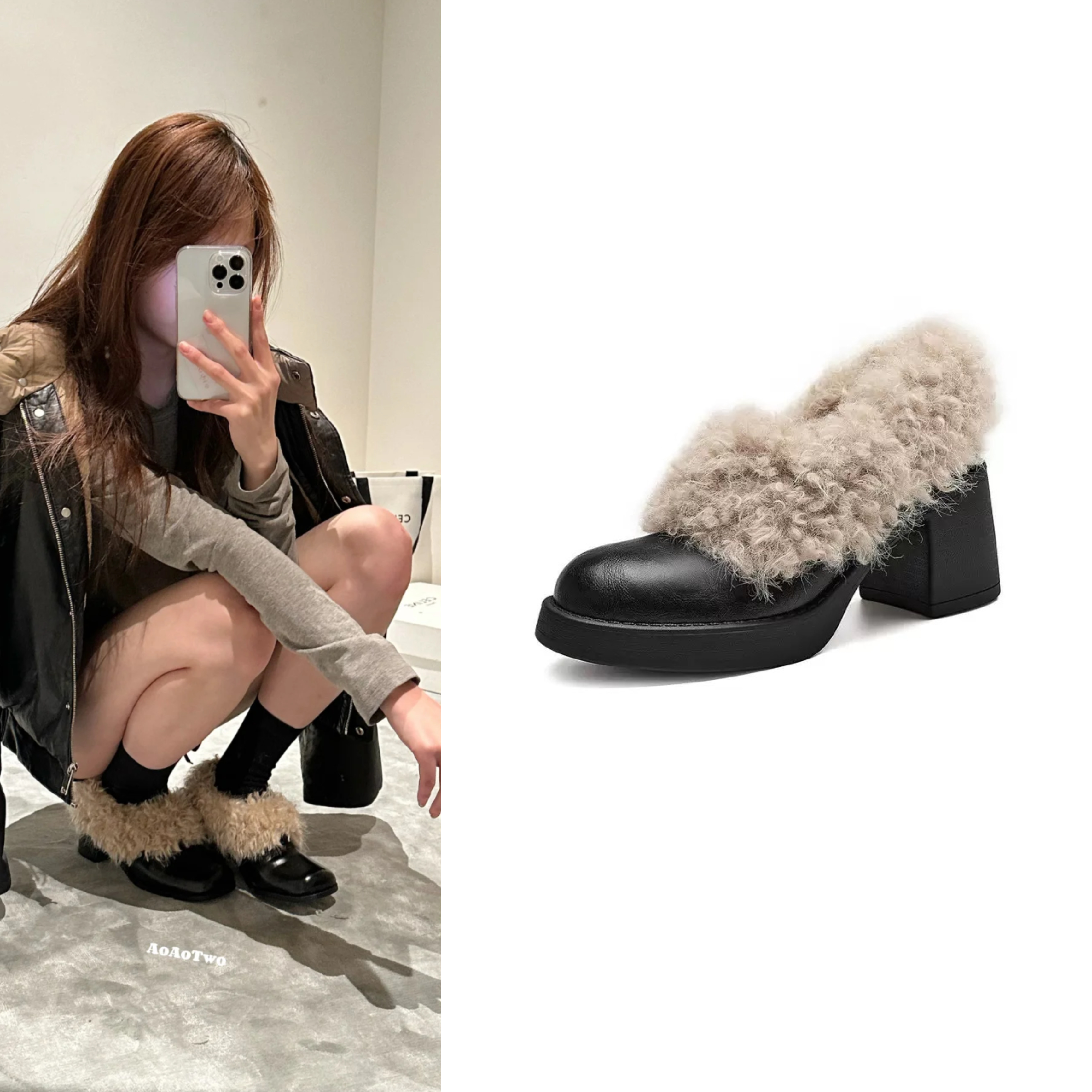 网红同款复古方头毛毛鞋一脚蹬加绒保暖粗跟棉鞋玛丽珍小皮鞋秋冬