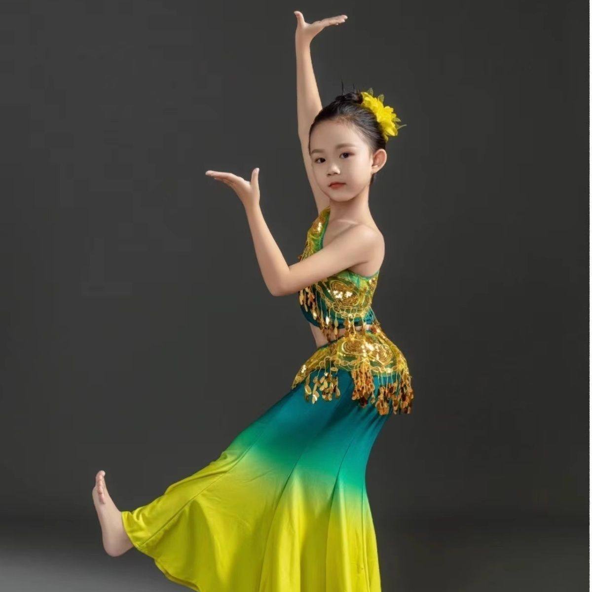 新款傣族舞蹈演出服儿童女童少儿鱼尾裙孔雀舞演出服装民族表演服