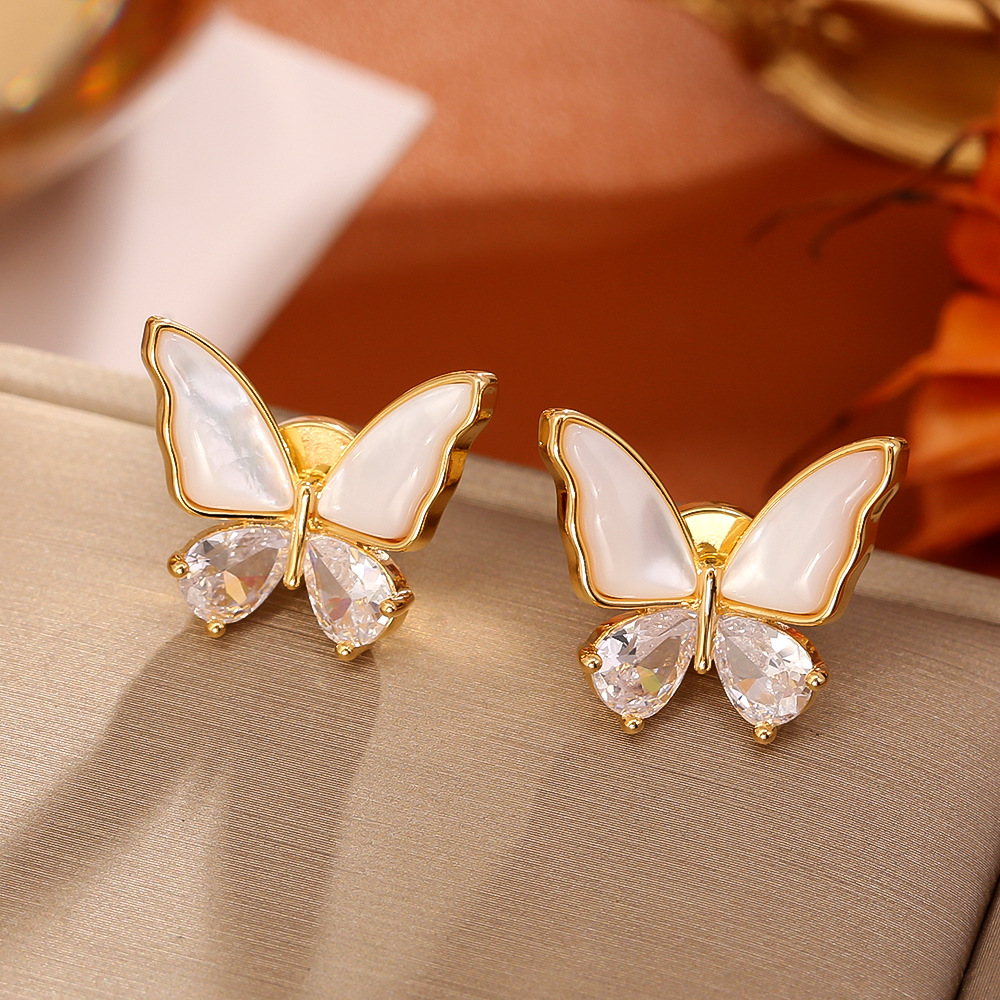 天然贝母锆石蝴蝶耳钉18K真金电镀轻奢时尚高级感气质INS风耳饰