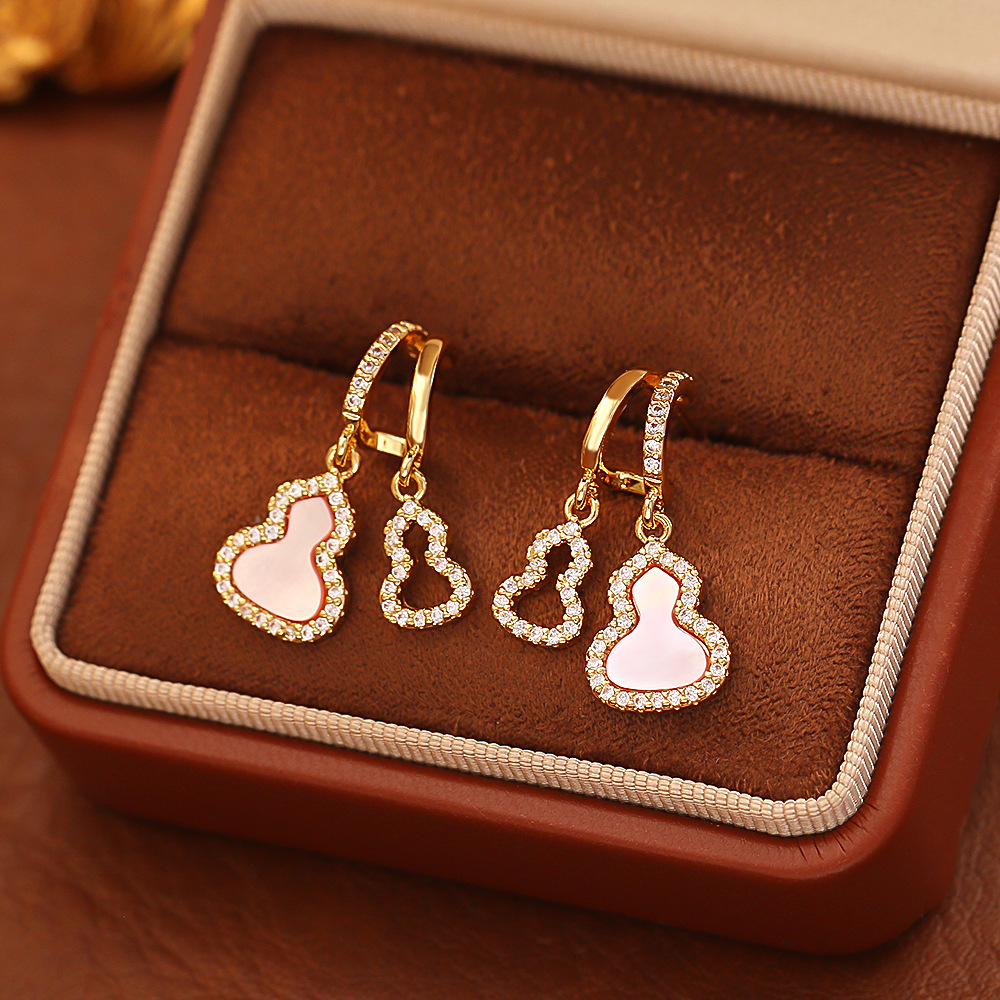 中国风福禄双至葫芦耳钉天然贝母925银针高级感耳饰C圈新中式耳坠