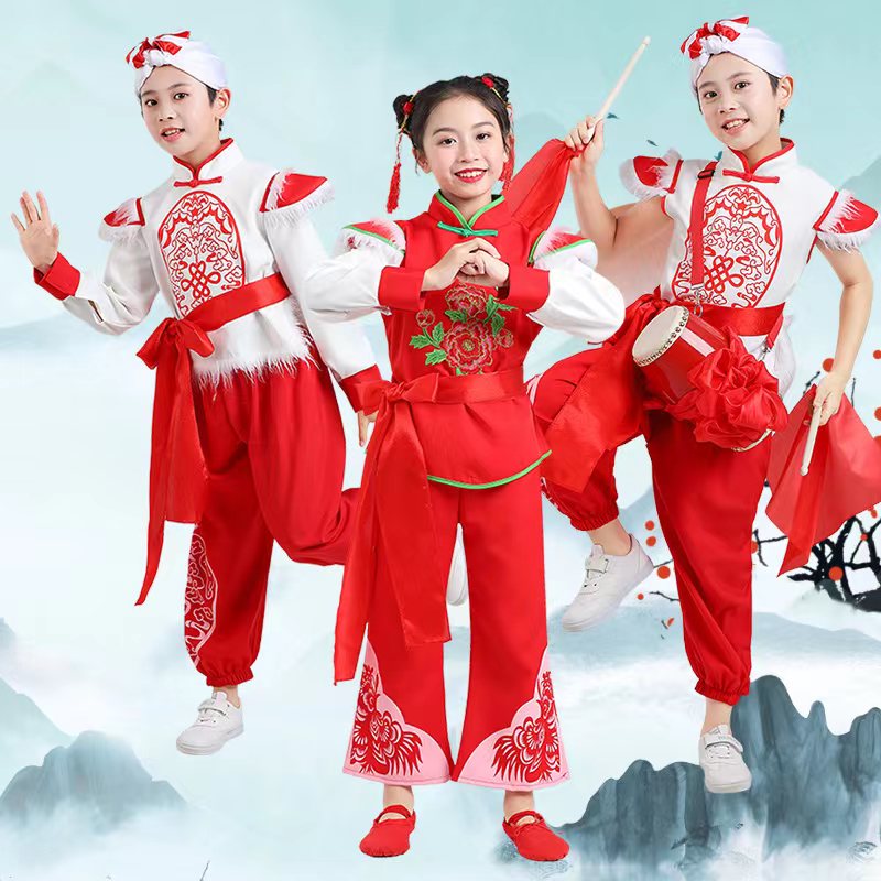 儿童安塞腰鼓服装陕北风陕西民歌演出服中小学秧歌舞龙打鼓表演服