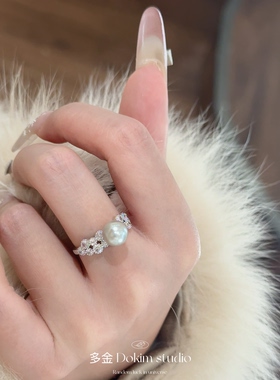 高级感轻奢满钻锆石施家珍珠戒指小众设计食指戒百搭指环显白首饰