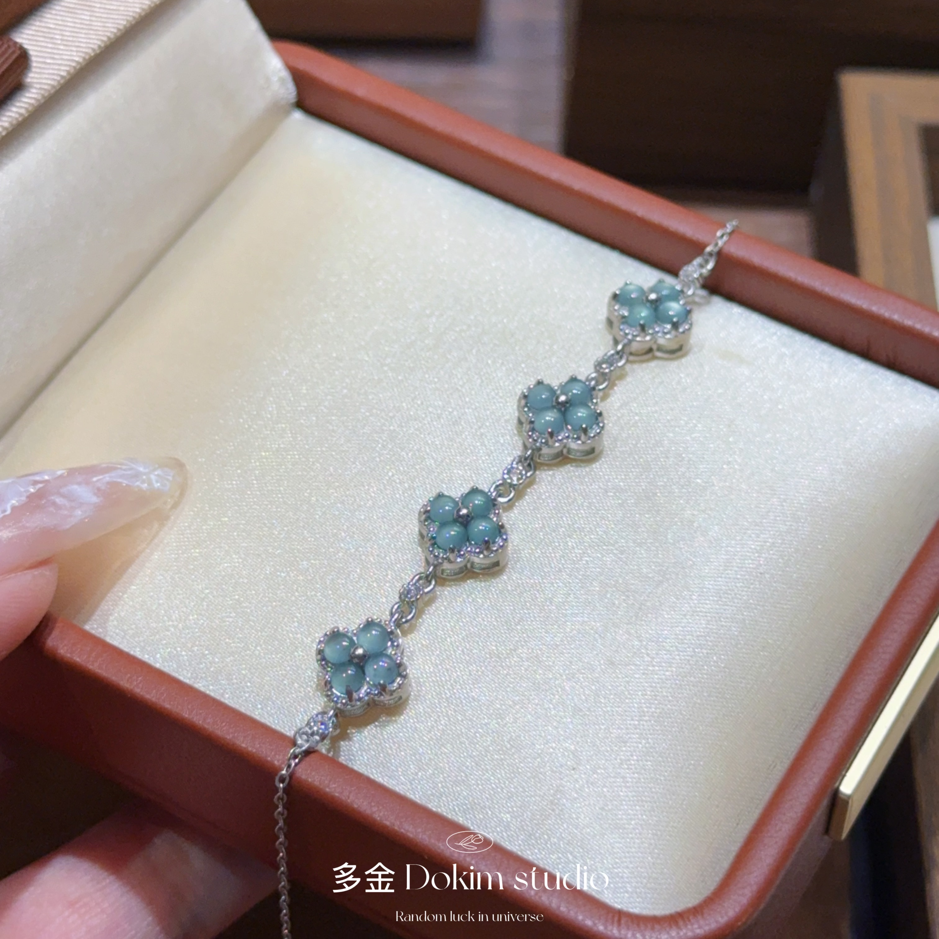 “晴底翡翠四叶草” S925纯银天然A货翡翠手链新中式精致显白手串