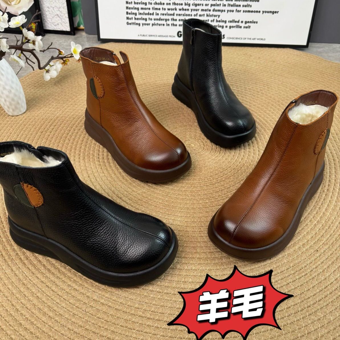 2025冬季新款真皮羊毛保暖女鞋妈妈软底加绒复古加棉马丁靴女靴