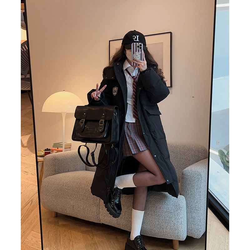 黑色冬季羽绒服女款长款2025新款中长款小个子学院风宽松加厚外套