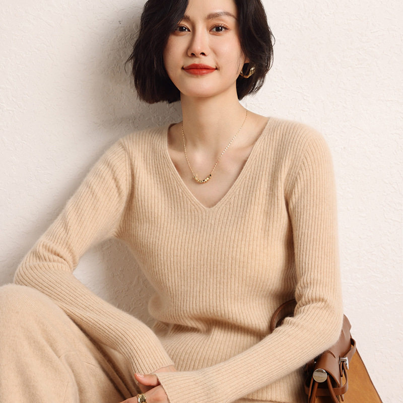 秋冬一线成衣羊绒衫女V领套头修身显瘦纯色毛衣内搭羊绒打底针织