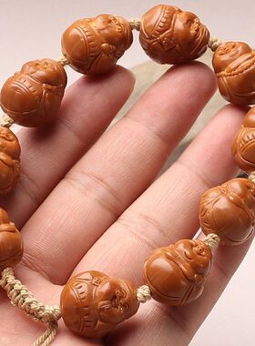 小籽手工精修铁核小财神橄榄核雕刻财弥文玩手串八大财神弥勒手把