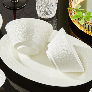 骨瓷浮雕碗单个家用陶瓷米饭碗新款2026高颜值纯白餐具微波炉专用