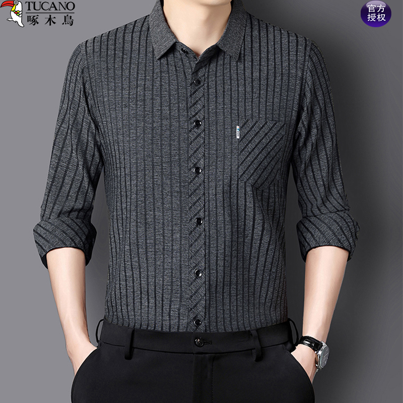 啄木鸟中年男士春秋长袖衬衫条纹口袋宽松高档商务休闲爸爸装衬衣