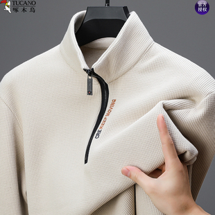 啄木鸟男装卫衣外套中年男士春秋款半高领半拉链潮流休闲加绒上衣