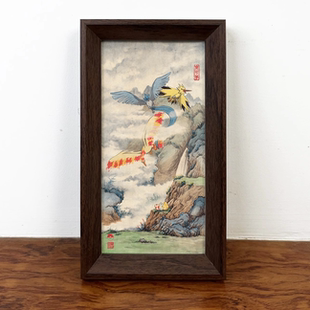 三圣鸟中国风宝可梦周边创意国画山水画桌面摆台装饰画高清喷绘