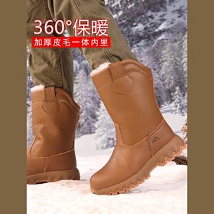 冬季羊毛雪地靴男加厚保暖皮毛一体东北大棉鞋真皮防水蒙古靴马靴