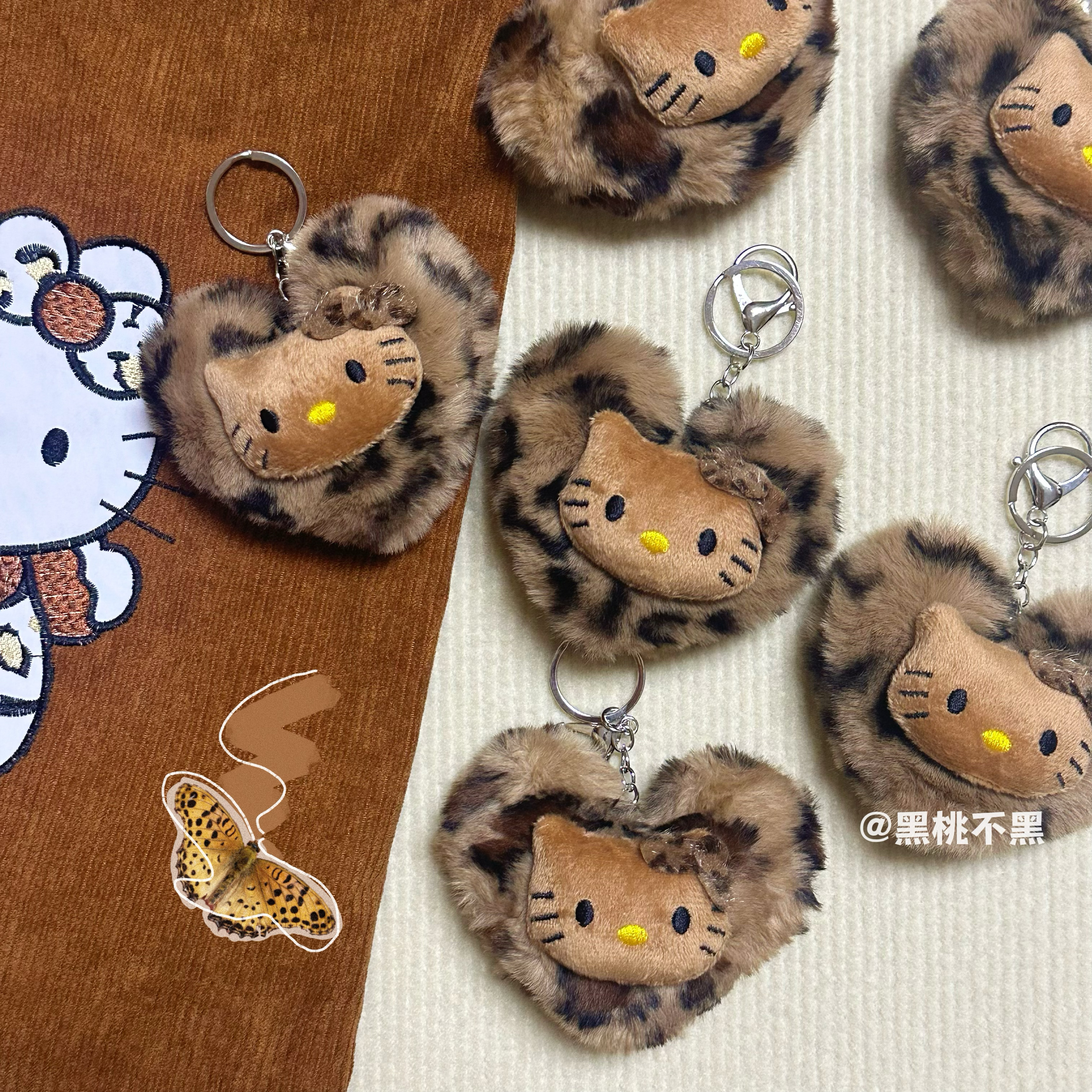 原创黑皮复古豹纹kitty爱心毛绒钥匙扣包挂件