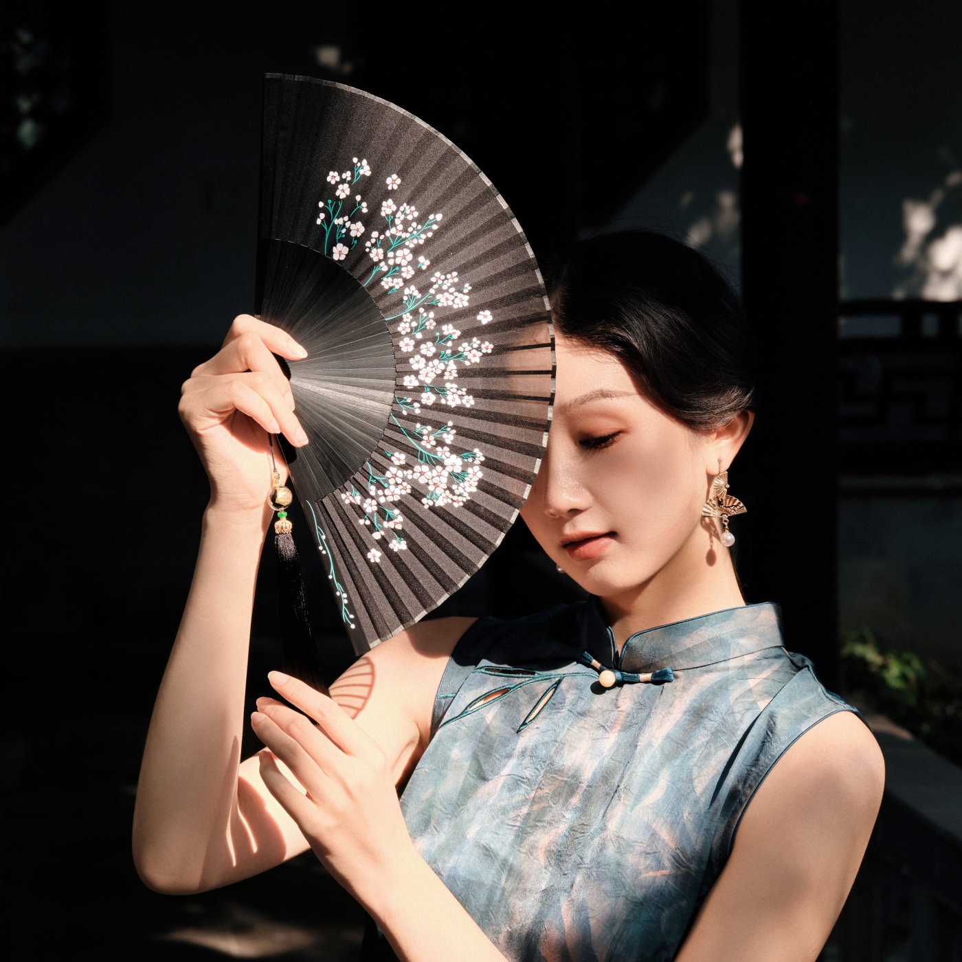 fan风度印染手工丝绸头青竹折扇