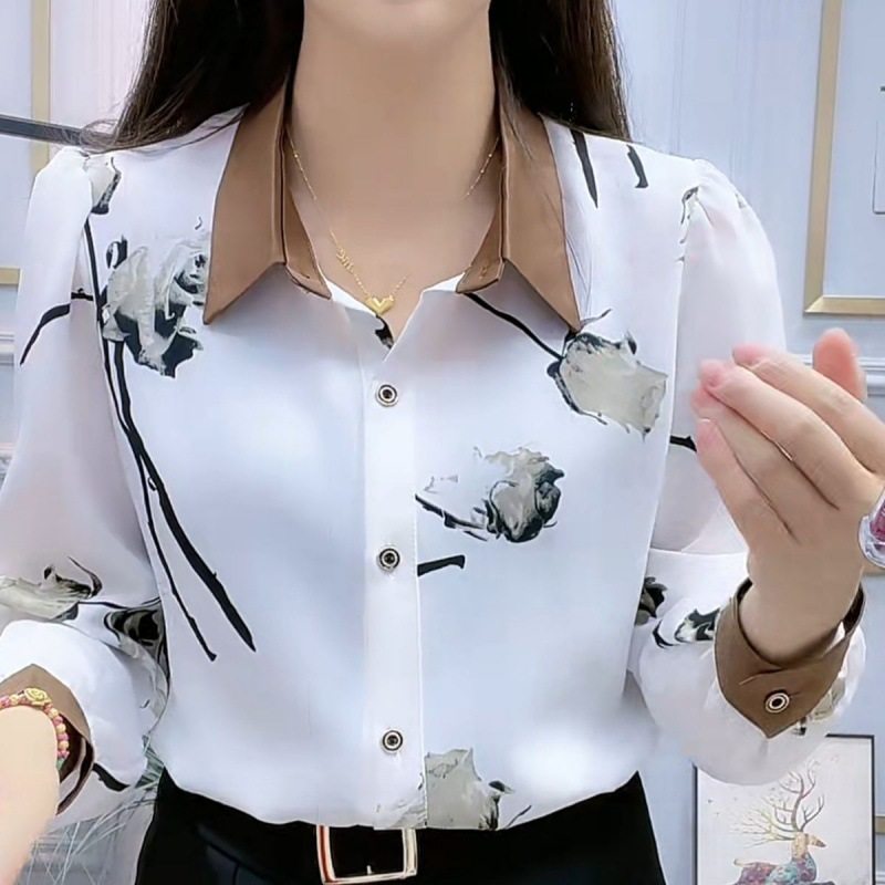 好物精选小衫女装2024新中式复古衬衣外穿印花衬衫女士长袖打底衫