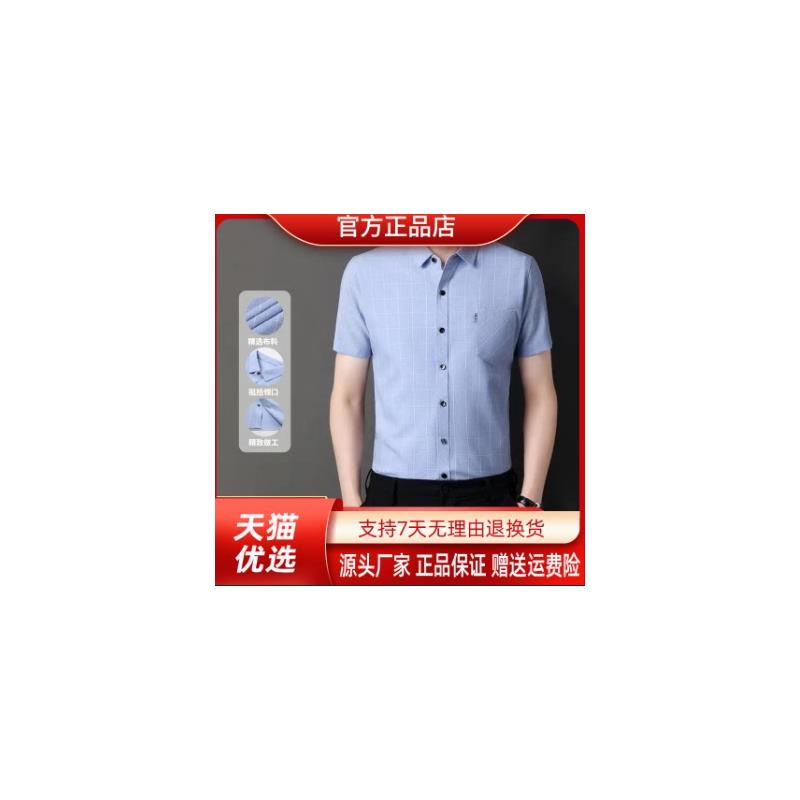闽宇艳短袖男士夏蓝色翻领棉麻上衣薄款格子衬衫休闲品质男装衬衣
