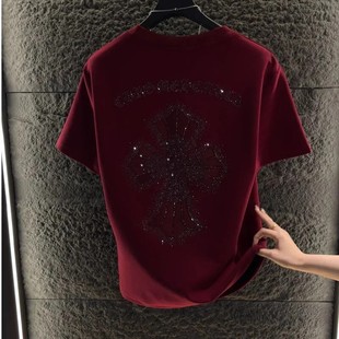 财俊轻奢男装男冬半袖百搭烫钻圆领高级设计师款潮牌修身秋季T恤