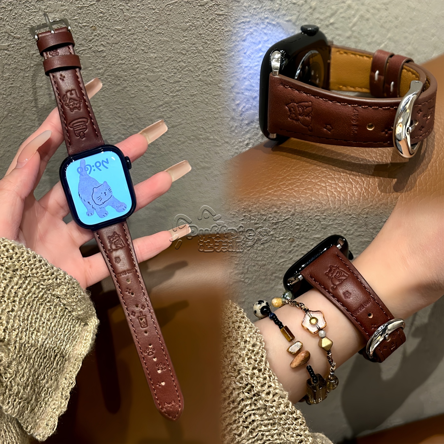 秋冬可爱蛋糕小猫皮质表带