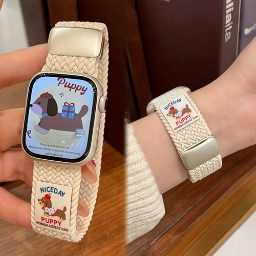 适用iwatch表带腊肠狗编织磁吸扣