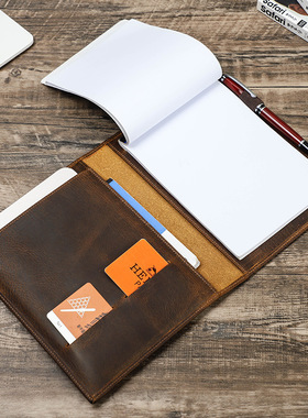 2024年真皮疯马皮a5纸笔记本皮套带钢笔位可放iPadmini5 6多功能保护套A5 插卡名片银行卡收纳包