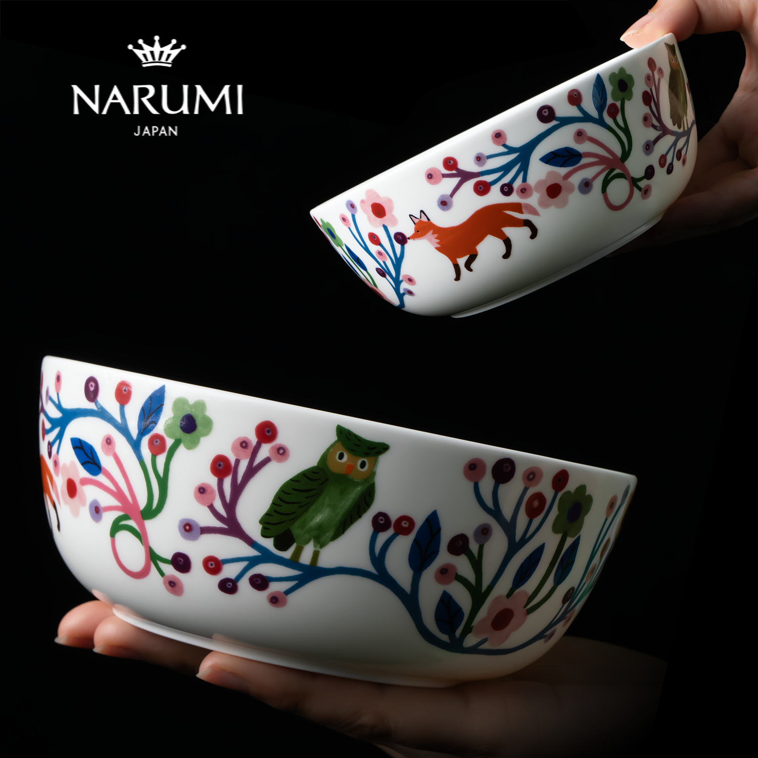 日本NARUMI 鸣海Magical Woodland系列 14cm碗小狐狸/小鸟 釉中彩