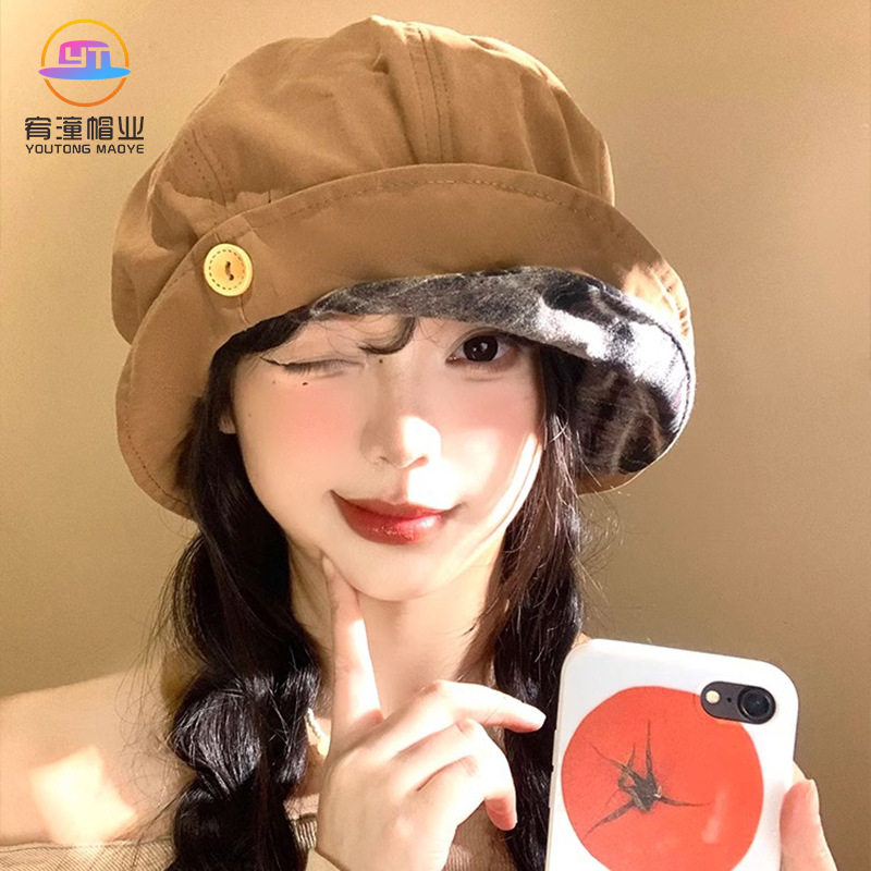 韩版翻檐纽扣贝雷帽报童帽子夏秋显脸小八角帽卷边街头时髦报童帽