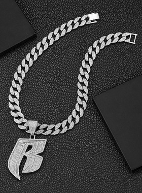 厂家直销小众设计个性嘻哈风字母 B满钻合金古巴链跨境表扣古巴链