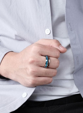 跨境爆款不锈钢戒指蓝石纹木纹银丝贴纸滴油欧美热销戒指厂家