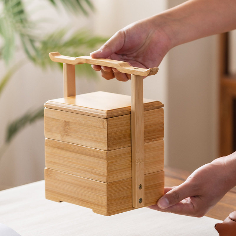 现货高档复古手提多层盒子收纳盒月饼包装盒礼盒双层多功能实木盒