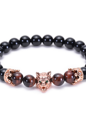 欧美饰品热卖 天然虎眼石玛瑙手链 铜镶锆石皇冠手串狼头手饰