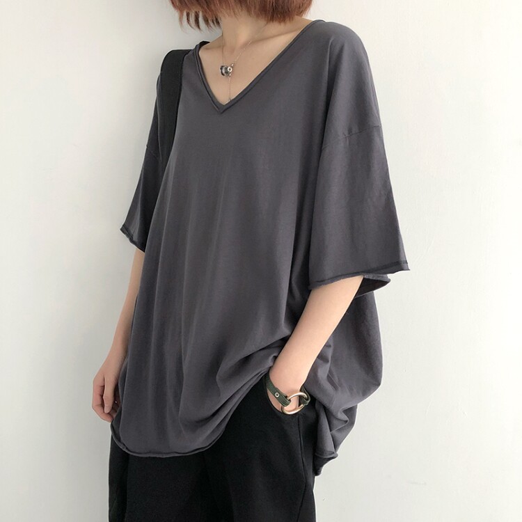 夏装新款大码女装文艺纯色V领宽松短袖t恤韩版显瘦条纹上衣