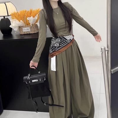 十三行酷飒风长袖t恤工装裤套装女秋上衣+阔腿裤穿搭一整套两件套