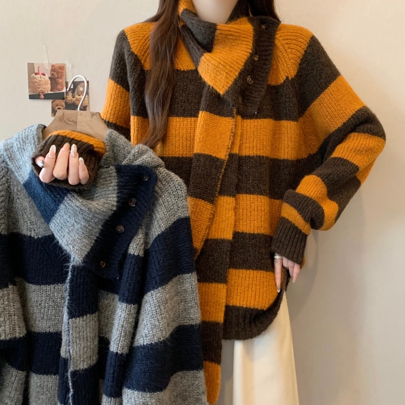 ~ 大码胖MM秋冬新款V领条纹围脖两件套羊驼长袖套头上衣毛衣