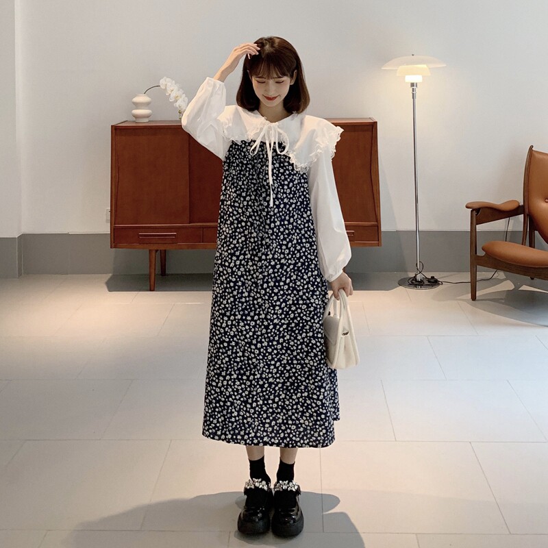 2026春装大码蕾丝花边娃娃领衬衫小碎花吊带连衣裙M-4XL200斤