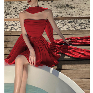 红色连衣裙海边度假裙上镜显白雪纺裙仙女飘逸短裙