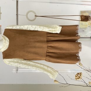 IVY艾薇法式复古气质鹿皮绒连衣裙+蕾丝花边小衫两件套装女配包包