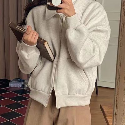 韩国chic 通勤双向拉链加厚加绒卫衣外套女
