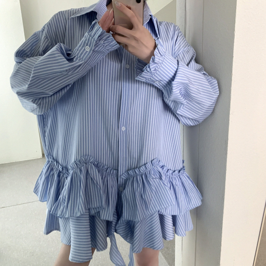 韩国东大门小众设计感不规则条纹连衣裙女