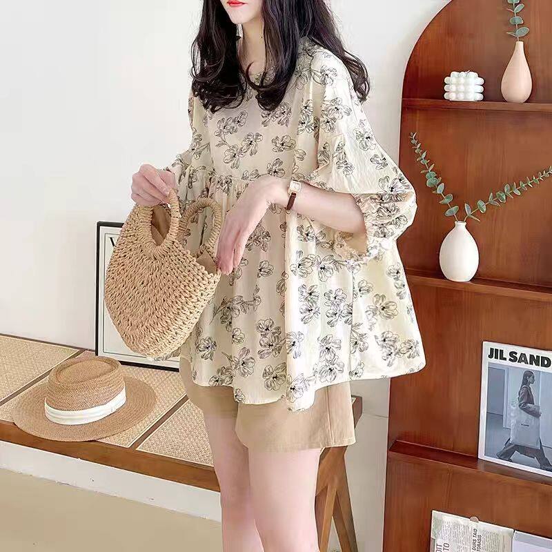2026夏装大码女装娃娃衫甜美法式圆领蓬蓬灯笼碎花衬衫M-4XL200斤