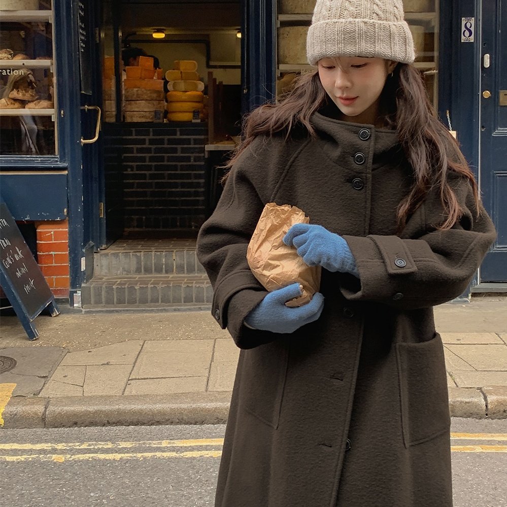 现~韩国CHIC气质单排扣口袋休闲宽松连帽中长款毛呢外套大衣女