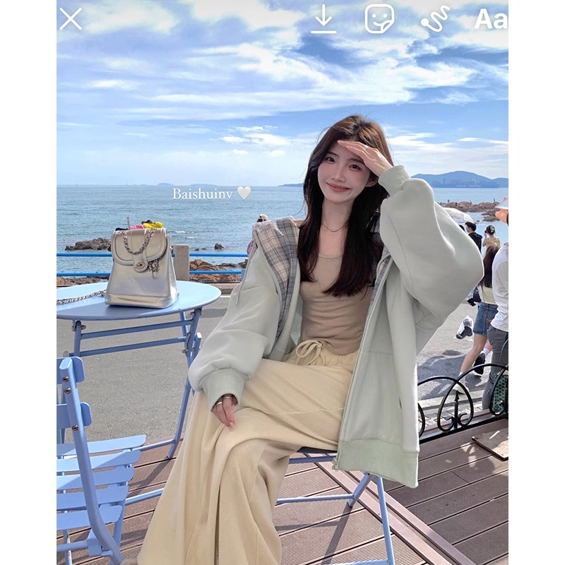 白水女抹茶绵绵~ 加绒连帽卫衣女春秋款拉链宽松加厚慵懒外套